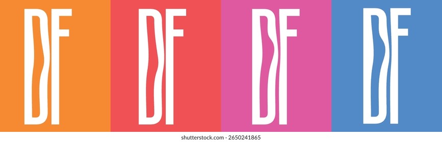 A graphic design featuring the letters DF in bold white font repeated across four vertical panels. 