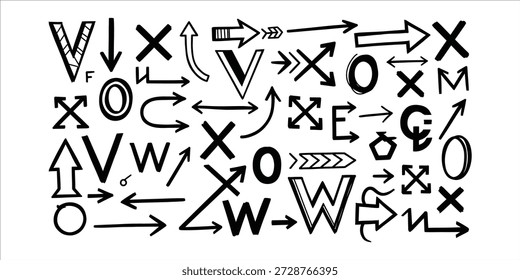 A graphic design featuring a mix of arrows and letters in different styles and directions on a white background