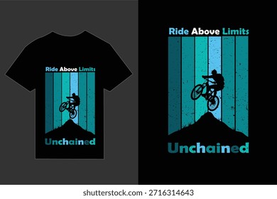 Un Diseño gráfico con una silueta de ciclista de montaña montado sobre una cima montañosa oscura, con rayas de Vertical de tonos verdes y azules. El texto dice 'Viaje por encima de los límites' y 'Desencadenado'. Ideal para