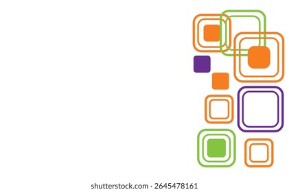 A graphic design featuring nested squares in vibrant orange, green, and purple colors. The squares are layered with concentric lines, creating a dynamic visual effect.