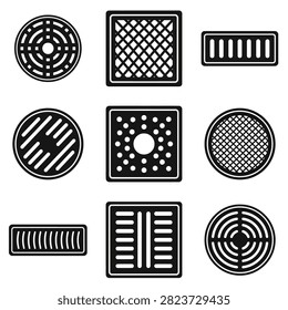 A graphic design featuring nine different types of drain covers and grates arranged in a three by three grid.
