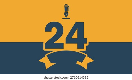 Un Diseño gráfico con el número 24, un ícono de pluma y una cinta. El fondo se divide en dos secciones, amarillo y azul oscuro.