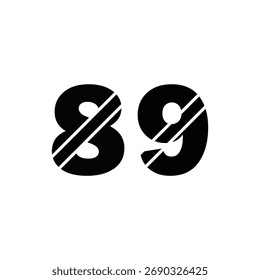 A graphic design featuring the number 89 in bold black font with two diagonal white stripes across each digit.