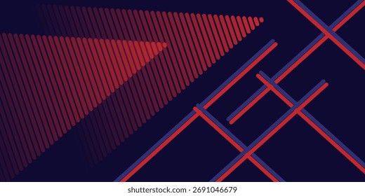 Un Diseño gráfico con líneas rojas y azules y triángulos sobre un fondo azul oscuro. Los Elementos rojos están compuestos de líneas paralelas.