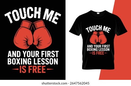 A graphic design featuring red boxing gloves and bold text that reads "Touch Me And Your First Boxing Lesson Is Free" on a black background.