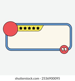 A graphic design featuring a review box with stars and quotation marks.