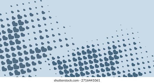 A graphic design featuring a scattered pattern of small blue hearts in a halftone effect, creating a textured and abstract visual.