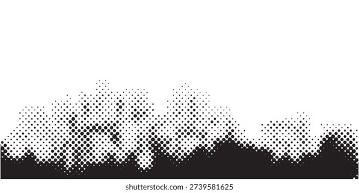 A graphic design featuring a silhouette of trees and mountains rendered in a halftone dot pattern against a white background.