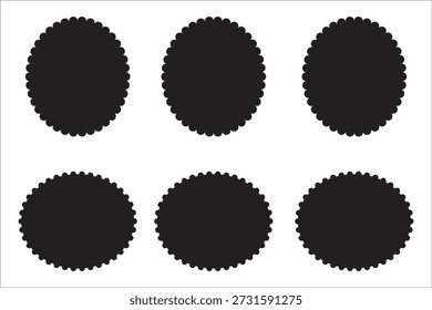 Ein Grafikdesign mit sechs schwarzen Formen, drei ovalen und drei kreisförmigen, mit gezackten Kanten auf einfarbigem weißem Hintergrund.