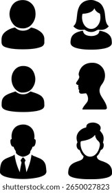 A graphic design featuring six distinct black silhouette icons representing different people. The silhouette style highlights the simplified forms of individuals and their profiles.