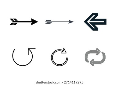 A graphic design featuring six distinct arrow icons arranged in two rows, showcasing directional and circular movements.