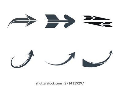 A graphic design featuring six distinct arrow symbols arranged in two rows, showcasing various styles and directions.