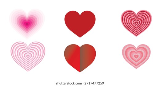 Un Diseño gráfico con seis Formas distintas del corazón, cada una con tratamientos artísticos únicos que incluyen Gradientes, líneas concéntricas y enfoque suave.