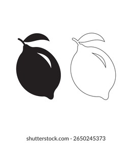 A graphic design featuring a solid black silhouette of a lemon next to a white outline of a lemon, both with a single leaf, isolated on a transparent background.