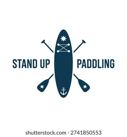 A graphic design featuring stand up paddleboarding equipment and text