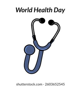 A graphic design featuring a stethoscope with the text World Health Day above it. The stethoscope is depicted in blue and black colors, symbolizing health and medical care.