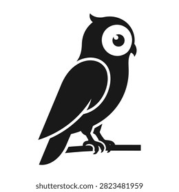 Graphic design featuring a stylized black owl perched on a branch. Minimalist silhouette with white eye detail. Suitable for logos, branding, and educational symbols.