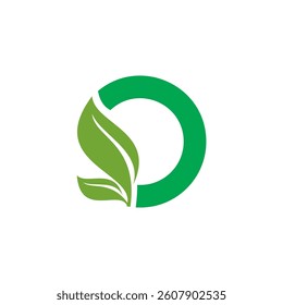 A graphic design featuring a stylized green leaf element partially overlapping a green ring or letter "O".