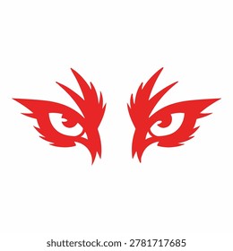 A graphic design featuring stylized red tribal eyes with sharp edges and a fierce look.