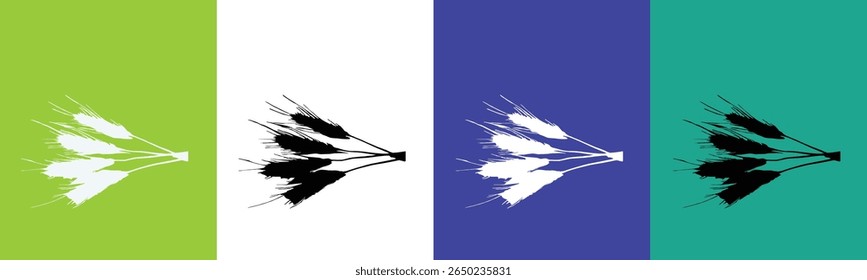 A graphic design featuring stylized wheat stalks in silhouette against four vertical panels of contrasting colors. 