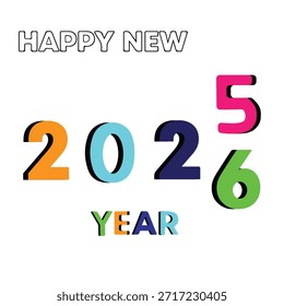 Un Diseño gráfico con el texto 'FELIZ NUEVO' en la parte superior, seguido de los números '2026' en una fuente Grande y estilizada con colores vibrantes. El dígito '5' está en rosa y el dígito '6' en verde, con 'YEAR' en letras de colores debajo del '2026'.