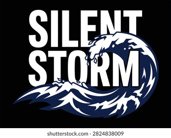 A graphic design featuring the text Silent Storm with a stylized ocean wave.