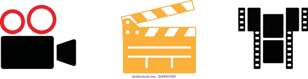 A graphic design featuring three distinct icons: a classic film camera with red lenses, a yellow clapperboard, and a black film reel, symbolizing the art of filmmaking.