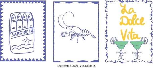 Design gráfico com três elementos: uma lata de sardinha, uma ilustração de lagosta e a frase "La Dolce Vita" com dois coquetéis. Conceito de cozinha italiana, frutos do mar e vida alegre