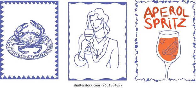 Design gráfico com três ilustrações: um caranguejo em um prato, uma mulher segurando uma bebida e um copo de Aperol Spritz com fatias de laranja. Conceito de cozinha italiana, cultura de coquetéis e elegante din