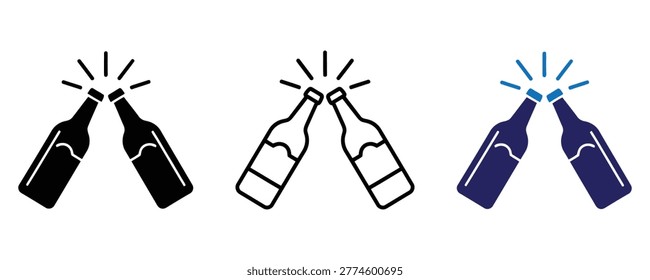 A graphic design featuring three pairs of beer bottles clinking together in a celebratory gesture, presented in black, line art, and blue styles