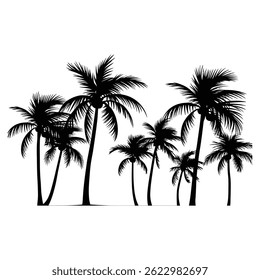 A graphic design featuring three palm trees in silhouette.