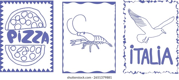 Design gráfico com três desenhos separados: uma pizza com a palavra "PIZZA", uma ilustração de lagosta, e a palavra "ITALIA" com um pássaro voador. Conceito de cozinha e cultura italianas