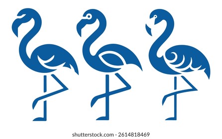 A graphic design featuring three stylized, profile views of flamingos in a bold, dark blue color.