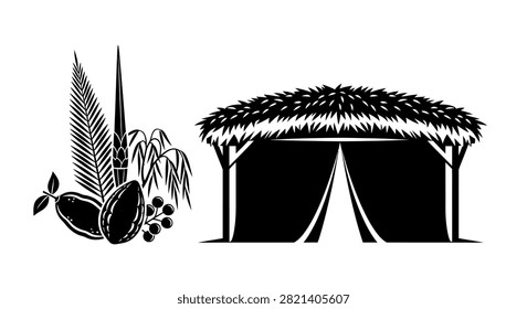 A graphic design featuring a traditional thatched roof hut beside tropical palm fronds and assorted fruits rendered in a high contrast black and white style
