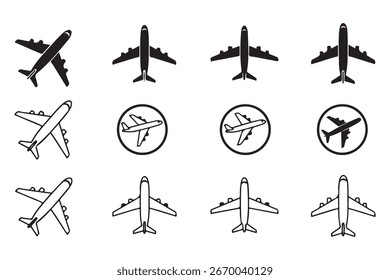 Um design gráfico com doze ícones estilizados do avião 