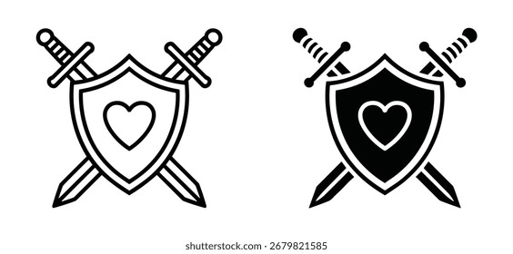 Un Diseño gráfico con dos espadas cruzadas detrás de un escudo con un símbolo de corazón. Se muestra en ambos estilos de contorno y negro sólido sobre un fondo blanco.