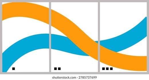 Graphic design featuring two curved lines in orange and blue hues intersecting across three panel layout