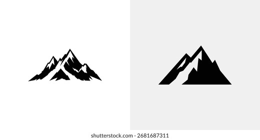 Um design gráfico com dois picos de montanha de silhueta preta distinta, apresentados lado a lado contra um fundo branco limpo.