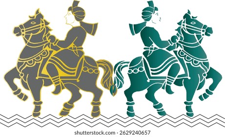 A graphic design featuring two figures in traditional attire astride horses.