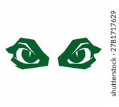 A graphic design featuring two intense green dragon eyes.