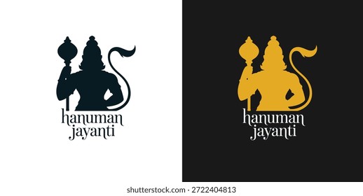 Un Diseño gráfico con dos siluetas de Hanuman, el dios mono, con las palabras 'hanuman jayanti' en negro y oro sobre fondos blancos y negros