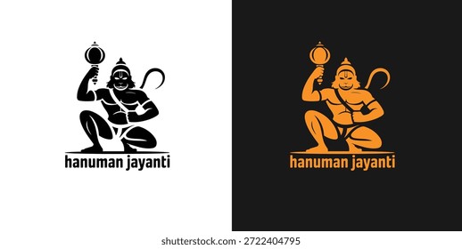 Un Diseño gráfico que presenta dos versiones de un logotipo para Hanuman Jayanti, uno en negro y el otro en naranja, ambos representan a un dios mono en una postura poderosa con una pelota