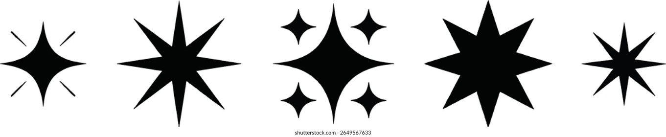 A graphic design featuring a variety of black starburst and sparkle shapes, including four-pointed stars and multi-pointed starbursts, arranged horizontally against a clean white background.