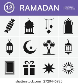 A graphic design featuring various Islamic and Ramadan-themed icons, including religious symbols and celebratory elements.