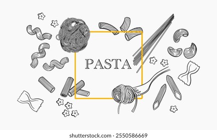 Un Diseño gráfico que presenta varias Formas de pasta, incluidos espaguetis, penne y farfalle, dispuestas alrededor de un marco central con tema de pasta.