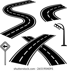 Ein grafisches Design mit verschiedenen Straßensegmenten, einer Ampel und einem Richtungsschild, alles in einem kräftigen Schwarz-Weiß-Stil.