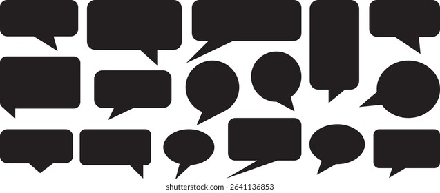 A graphic design featuring various shapes of speech bubbles in solid black against a plain white background.