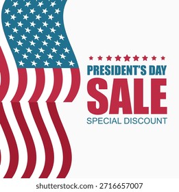 Un Diseño gráfico con una bandera estadounidense ondulada a la izquierda y el texto "Descuento especial del día del presidente" a la derecha, celebrando una fiesta patriótica.