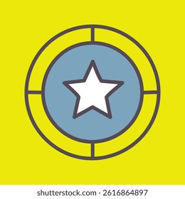 A graphic design featuring a white star within concentric circles on a yellow background. The style is simple and bold.