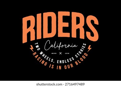 Diseño gráfico con la palabra Jinetes en Grandes letras naranjas con California debajo y un diseño de texto circular.